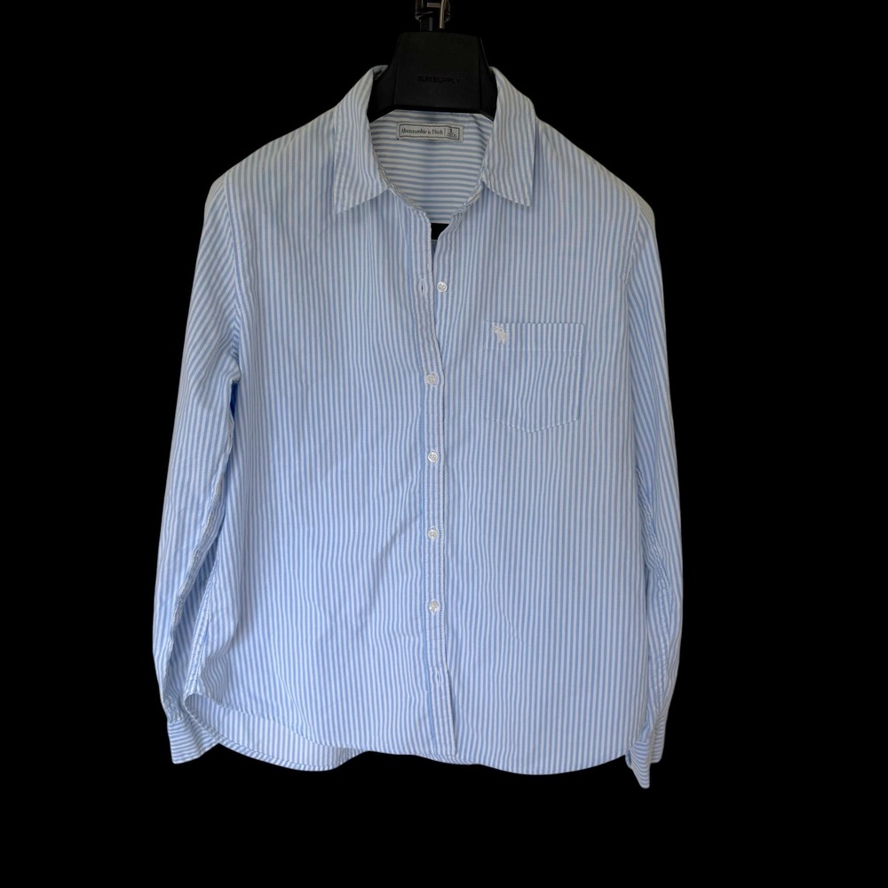 Abercrombie & Fitch Womens Blue White Striped Button Down Shirt Large L Logo